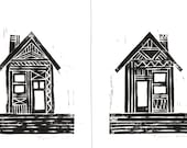 SALE Set of 2 Abstract Tribal Cottage / House Illustration Art Block Print 4 x 6 Home Decor / Black and White / Hand Pulled Linocut
