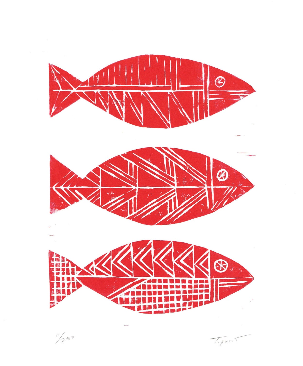 SALE LIMITED EDITION Three Tribal Fish Nautical Illustration Art Block Print 8 x 10 Home Decor / Red, Navy Blue / Hand Pulled Linocut