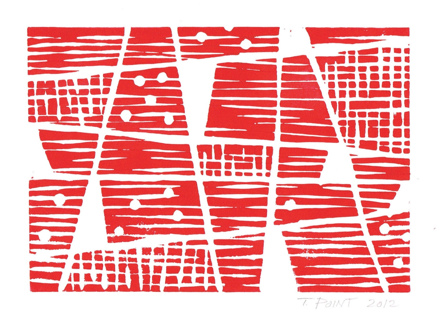 SALE Modern Patterns and Lines Art Block Print 5 x 7 Home Decor / Red / Hand Pulled Linocut / Gift