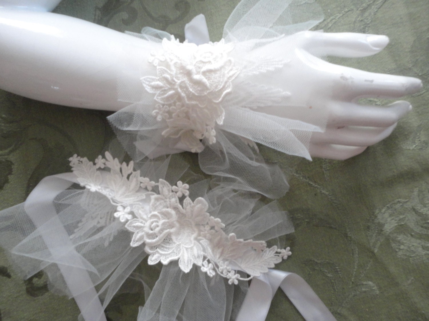 Tulle and Lace Ruffled Cuffs with Appliques and Satin Ties, One Pair