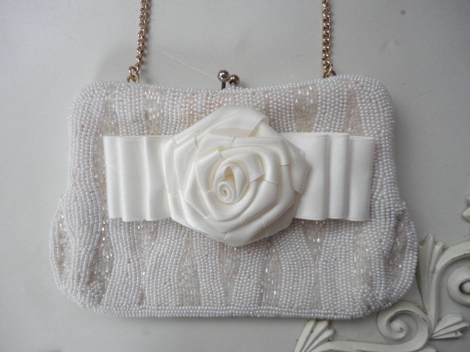 White Beaded Bag with Satin Bow, Wedding and Prom Ready