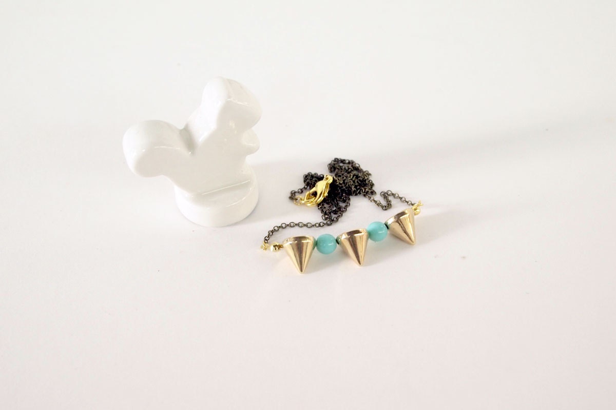 NEW Spike Necklace - Spring Jewelry, Mini Gold Spikes with Robin Blue