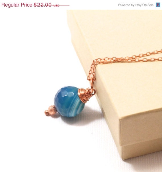 Summer SALE Blue Agate Swirly Wire Wrapped Round Gemstone Pendant Handmade Copper Drop Necklace