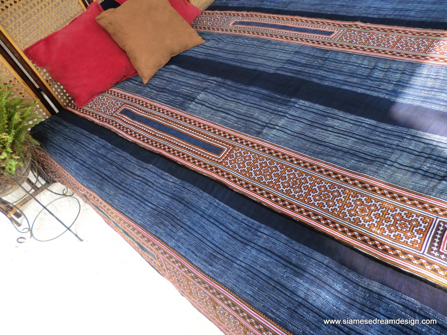 Vintage Hmong Indigo Batik and Embroidery Cotton Quilt Duvet Cover Blanket