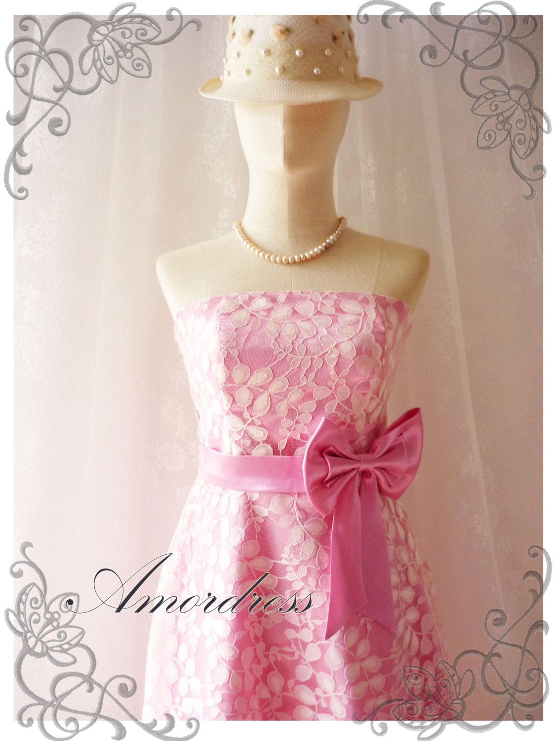 Princess Romance - Pink Lace Dress Party Prom Bridesmaid Wedding Cocktail Dinner Evening Dress -S-M- - Amordress