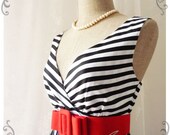 Summer Dress Tea Dress Black White Stripe Dress High Waisted Vintage Inspired Dress Party Cocktail Garden Dress Nautical Navy Dresses -S-M-