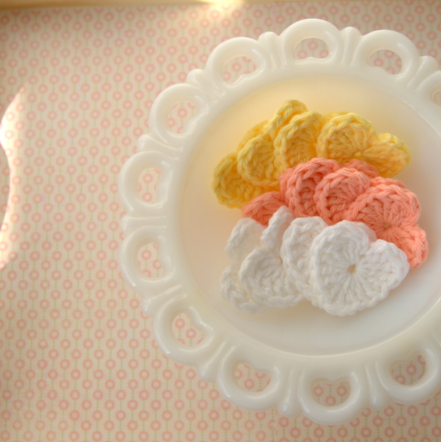 Crochet Heart Appliques / Yellow Peach White / 1 dozen / by Lovenote Crafts