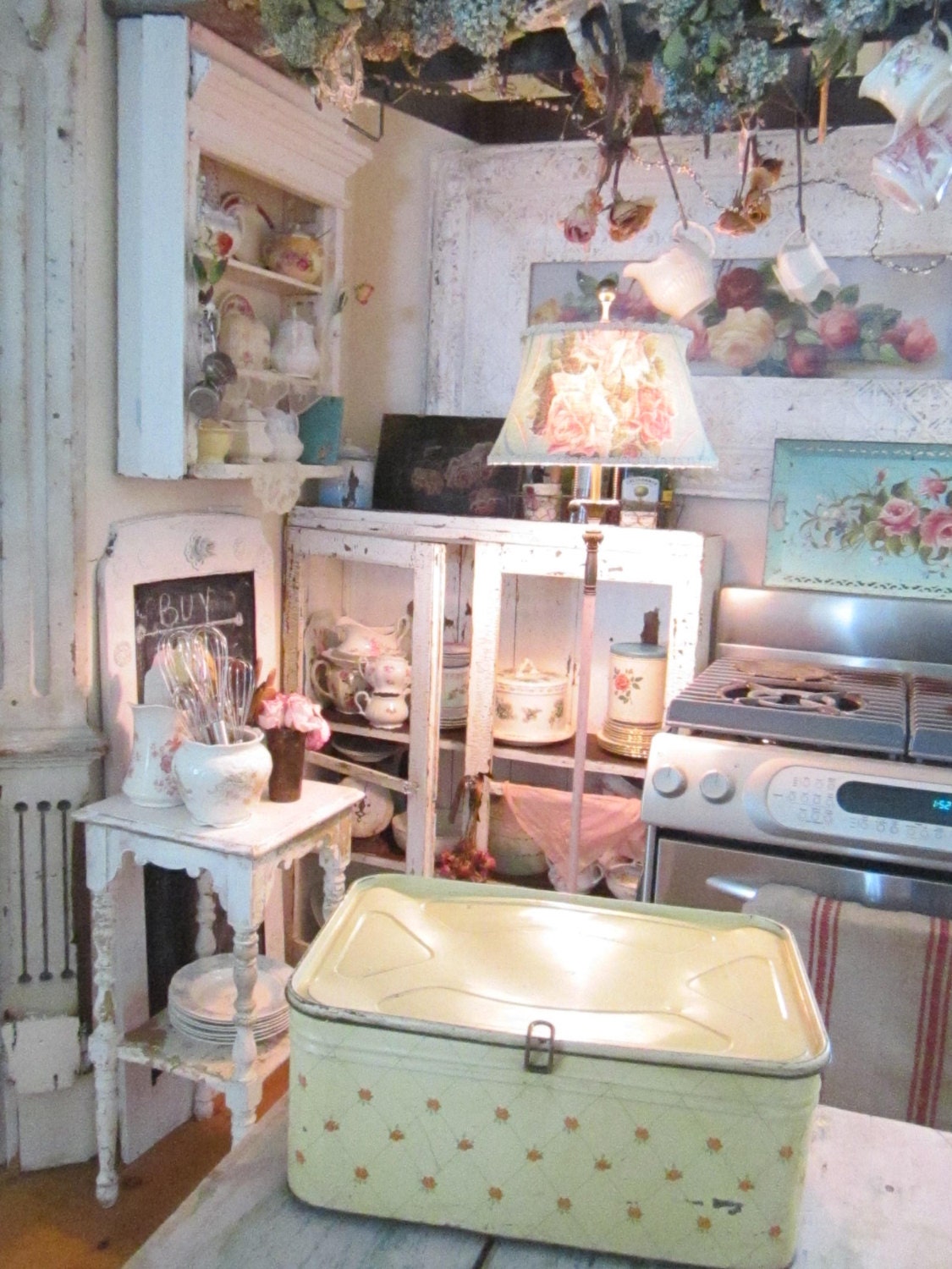 Vintage chippy shabby  pale yellow with roses bread box  metal shabby chic cottage prairie