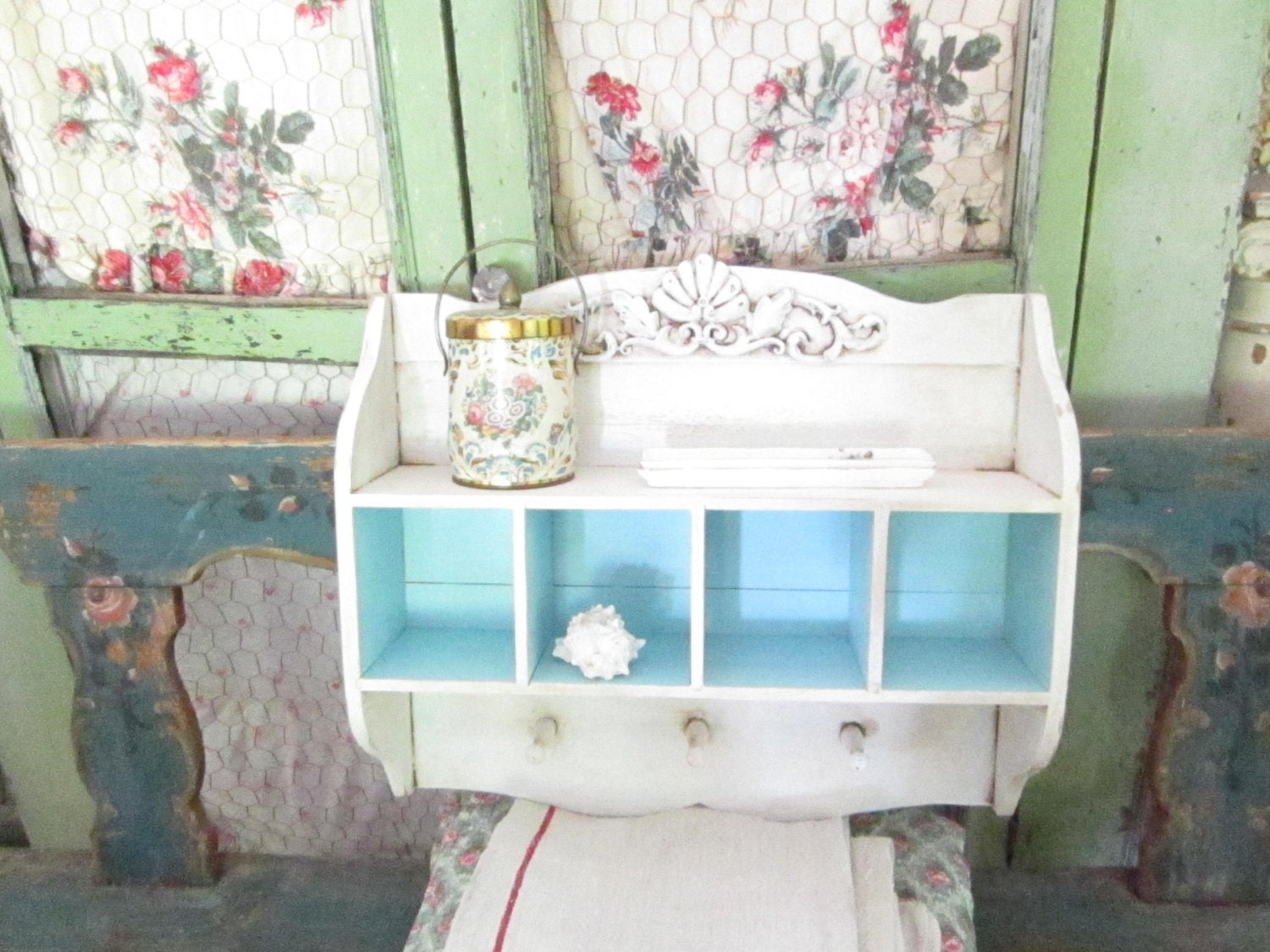 Vintage chippy painted blue  cabinet cupboard vintage rose fabric cottage chic shabby chic prairie