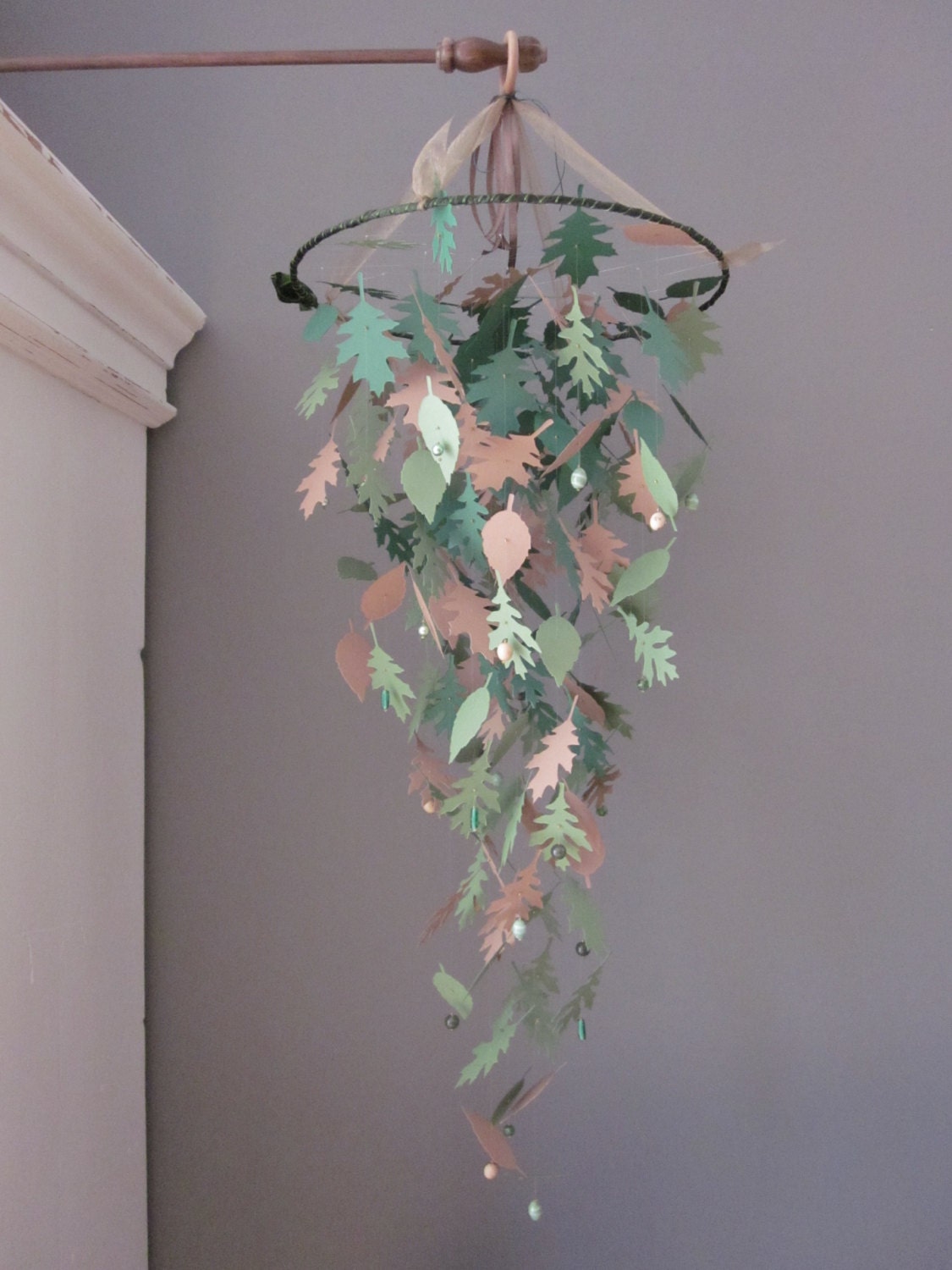 Nature inspired paper leaves mobile in green shades and light brown --- Wedding decoration, natural themed nursery or on a boy's room