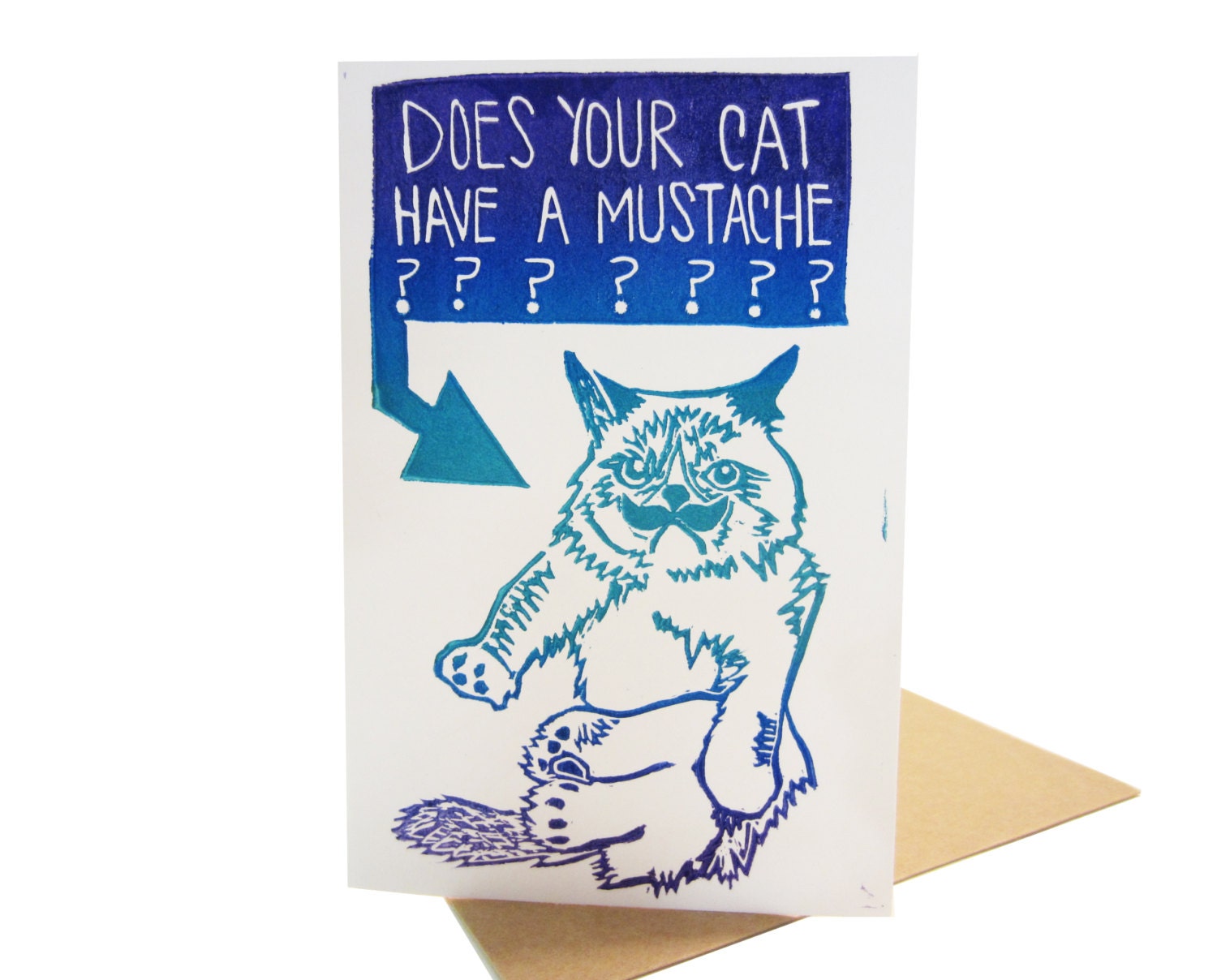 does your cat have a mustache // random card hand carved illustration