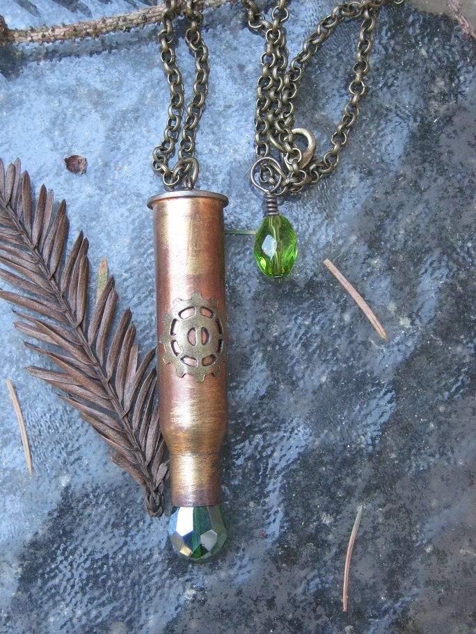 Steampunk Copper Bullet Pendant, Green Bead Bullet Pendant, Brass Rolo Chain Pendant, Eco Friendly, OOAK, Indie Made