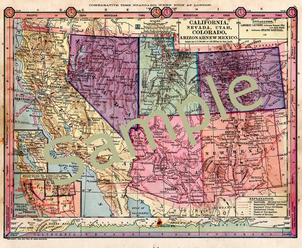 Old Map of California Nevada Utah Colorado Arizona New Mexico Instant Digital Download 1880s Color Illustration