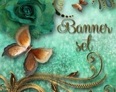 Shop Banner Avatar Blog Set 9 pieces and matching business card(printable)- rose,butterfly,green,gold