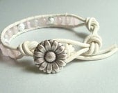 Rose Quartz and Stardust White Leather Bracelet - Chan Luu Inspired Single 1x Wrap - Womens Leather Bracelet - Silver & Pink - Mothers Day