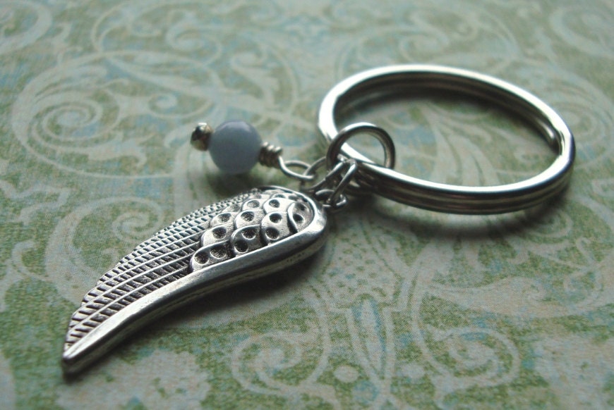 Angel Wing With Angelite Keyring - Key Ring, Key Chain - Angel Therapist - Silver Metal Charm - Wire Wrapped - Archangel Michael, Christian