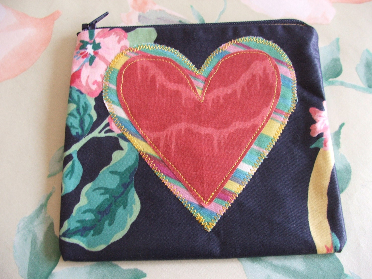 Valentine's Day Pouch - Upcycled Black Floral Fabric - Handmade - Two Applique Hearts - Decorative Stitching - Cream Lining - Navy Zipper