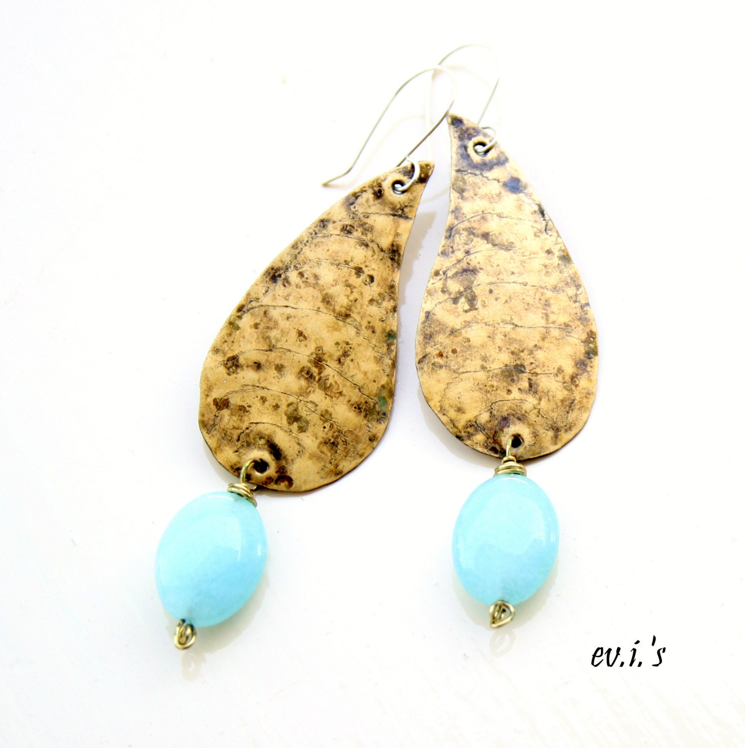 Blue Jade Brass Paisley Teardrop Handcrafted Eco Friendly Oxidized Metalwork Chandelier Artisan Boho Dangle Drop Earrings Gift for Her