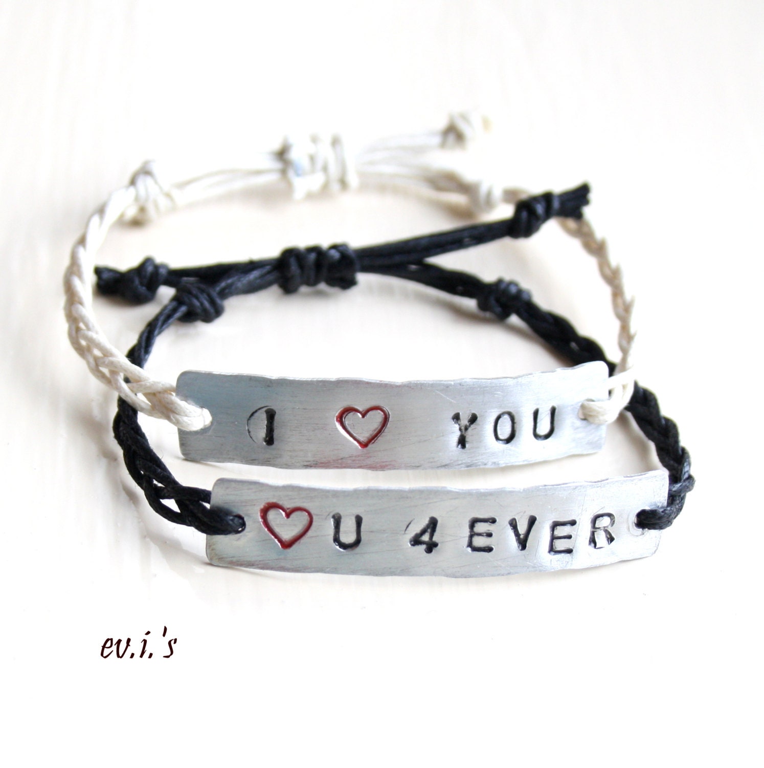 Two Custom Metal Tag ID Bracelet Cotton Cord Friendship Adjustable Hand Stamped Personalized Gift for Him or Her-Made To Order.Free Shipping