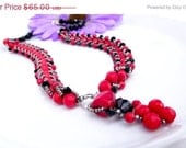 ON SALE Red and Black Necklace, Coral, Crystal ,Beadweaving,Handmade, ONE Of A  Kind, Mothers, Women by Lyrisgems