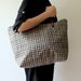 Linen Tote Bag Black Screen Print Grid Brown Leather Handles