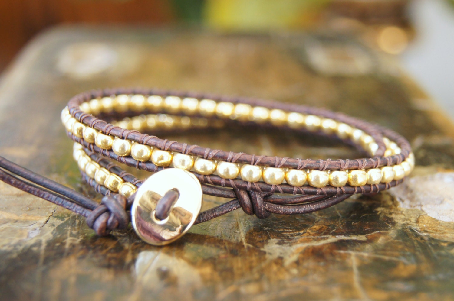 Gold Double Wrap Leather Beaded Bracelet Boho Bohemian Shabby Chic