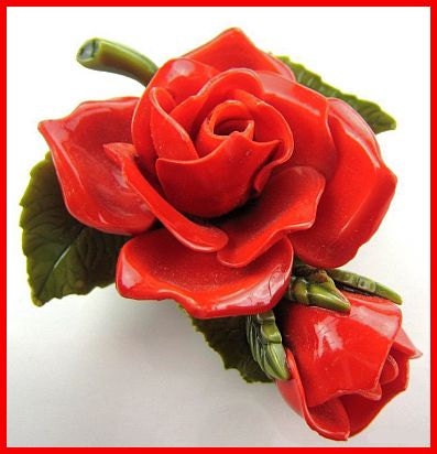 Vintage Red Rose Brooch Pin Flower Plastic Material 1950s-60s 2 1/4" VG