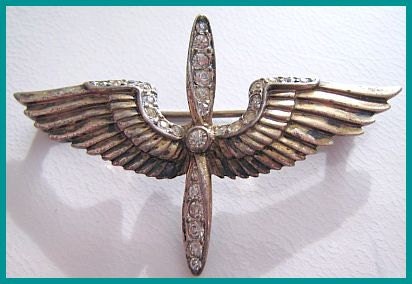 Vintage Trifari Brooch Pin Pilot Wings Rhinestones Sterling Silver Made in WWII Era 2" VG