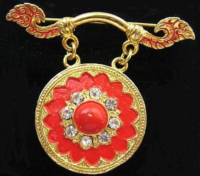 Vintage Brooch Pin Rhinestone & Red Enamel Circular Dangle Design Asian Inspired 1 3/4" VG