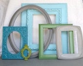 Aqua, Teal, Greys and Greens - Larger Modern Ornate Frames Set of 6 Upcycled Painted Frames.. great for Gallery Wall, Modern Decor