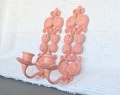 Shabby Chic Coral Metal Candlesconce pair..Upcycled Painted Vintage Candleholders... Coral Peach MInt Grey White Nursery Decor