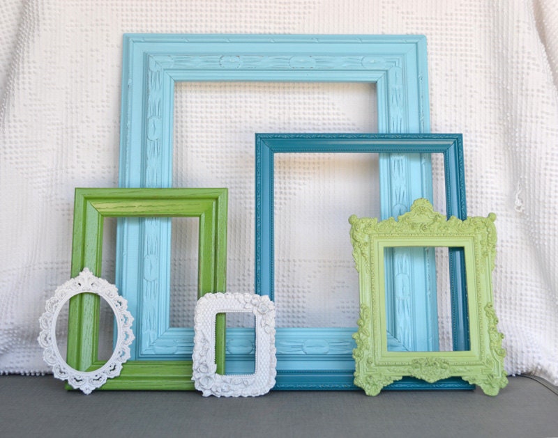 Coastal Painted Ornate Vintage Frames Collection set of 6- Aqua Teal Greens and White.. Upcycled Frames