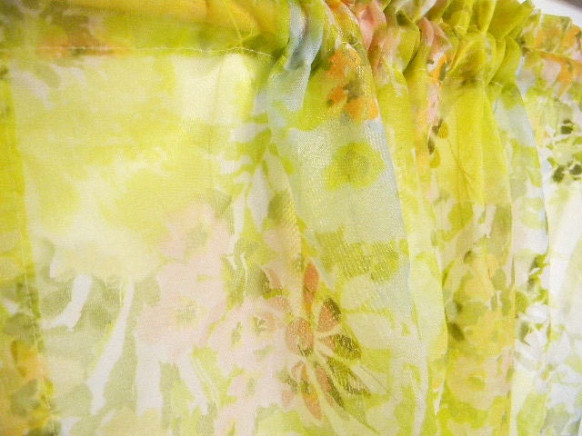 Retro Mid-Century Sheer Curtain Fabric Flocked Flowers Panel - Mad Men Madmen - Lime Pink Aqua Yellow - Watercolors - 1960's Cool & Cheerful