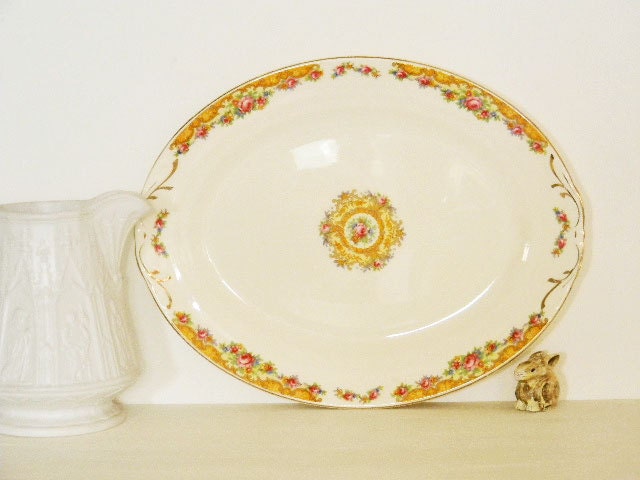Vintage Crown Potteries Platter-22k Gold Trim-PINK Lime Mocha Cornflower-FARMHOUSE French Shabby COTTAGE Hollywood Chic-1950's