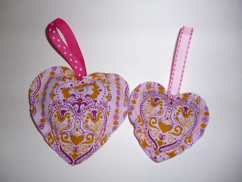 Two heart-shaped upcycled fabric lavender sachet