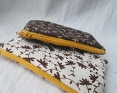 SALE: Qty 2 Golden leaf print coin bag, white & brown print coin bag, zip pouch, mini cosmetics, credit card bags