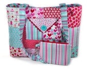 Quilted Tote Bag Patchwork Large Red Pink Turquoise Valentine's Day Hearts Cupcakes Strawberries