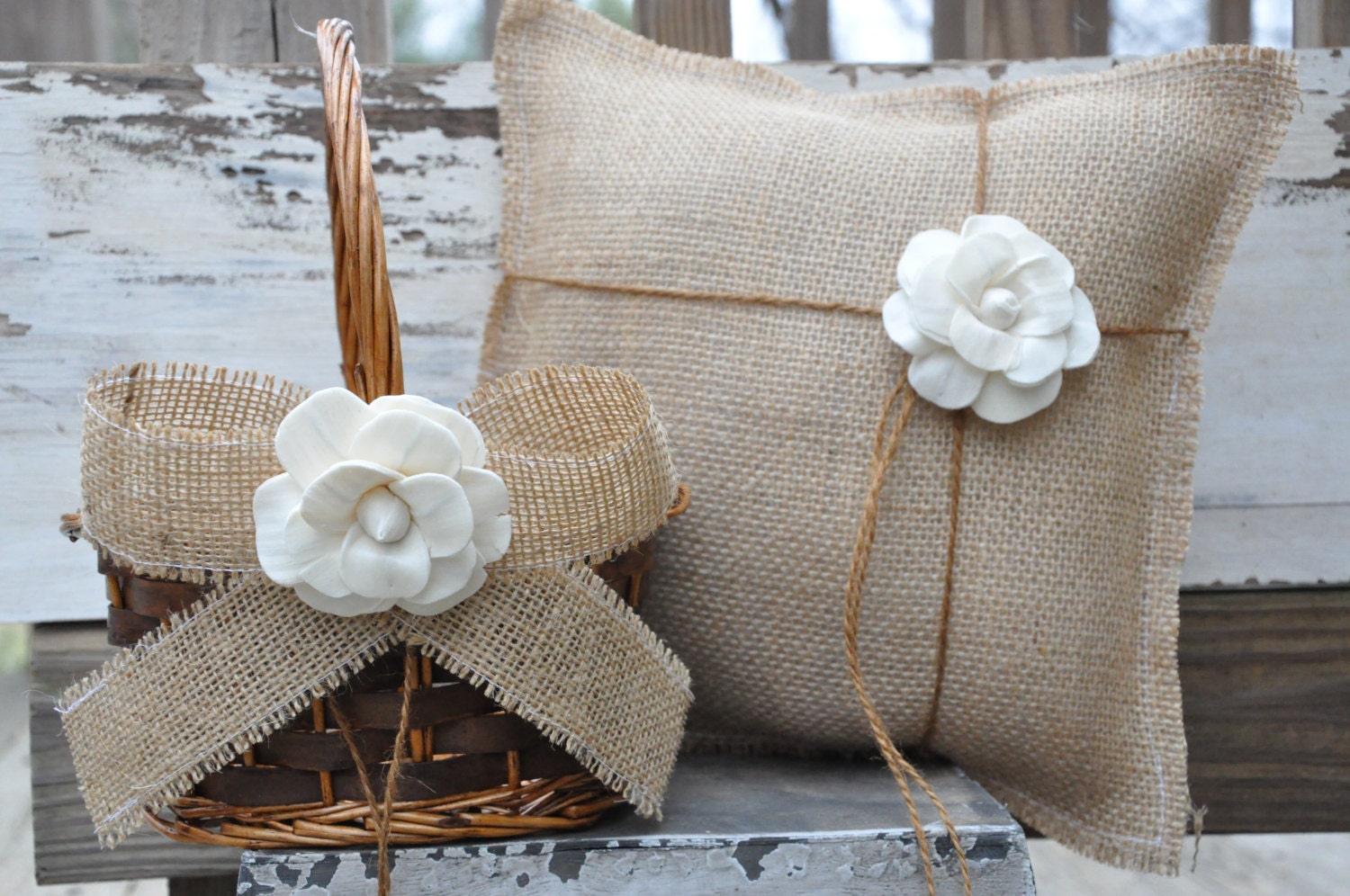 SET OF Ring Bearer Pillow & Flower Girl Basket  - Rustic Burlap Ring Bearer Pillow - Burlap Flower Girl Basket