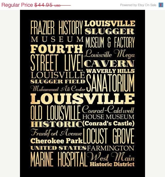 ON SALE Louisville, Kentucky, Typography Art Poster / Transit / Subway Roll 18X24 - Louisville's Attractions Wall Art Decoration -  LHA-216