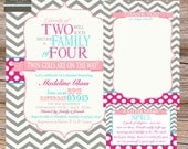 Twins Baby shower invitation family of four chevron stripe, hot pink, aqua & gray party pack - digital, printable file