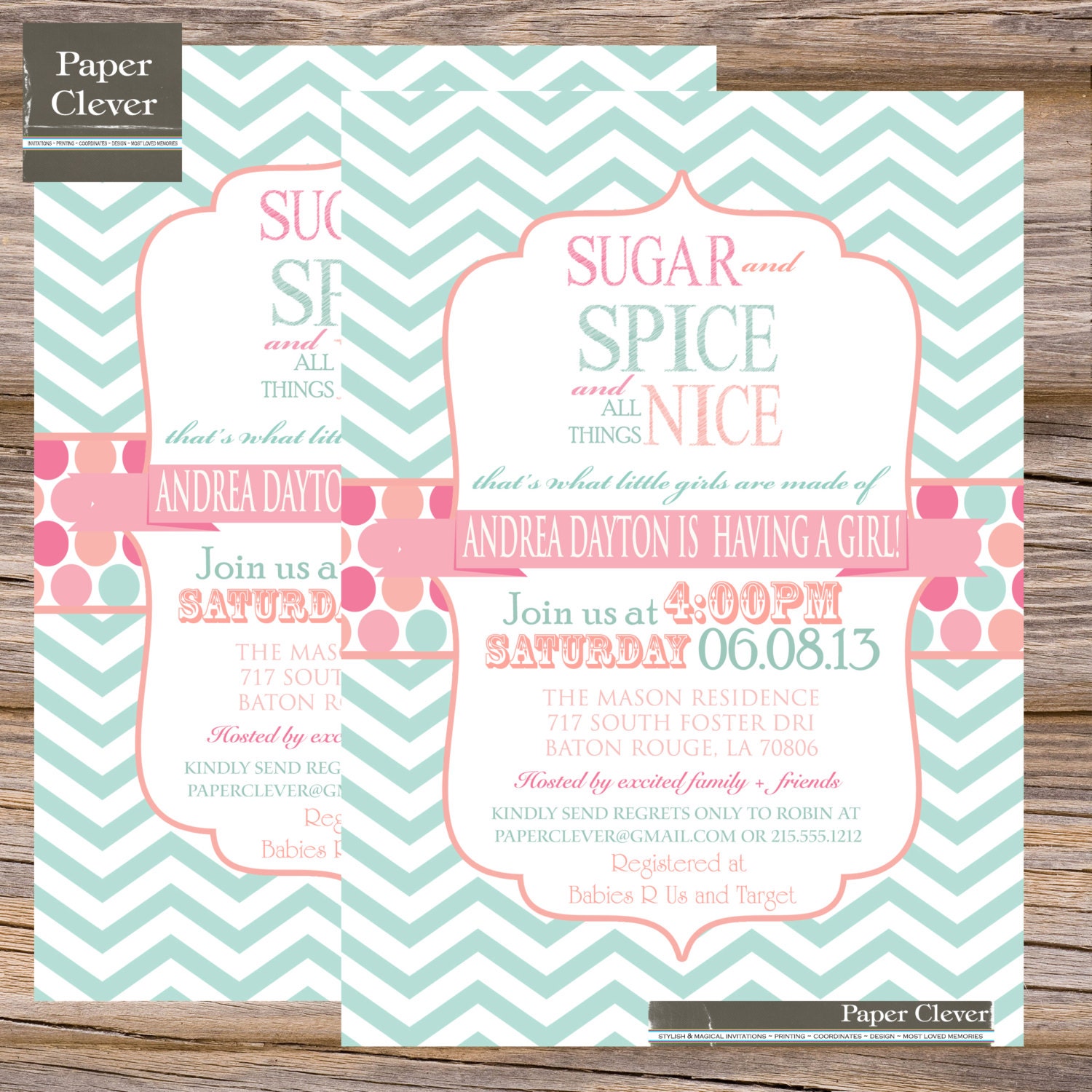 Girls baby shower invitation chevron stripe, shabby chic,  sugar & spice- digital file, printable