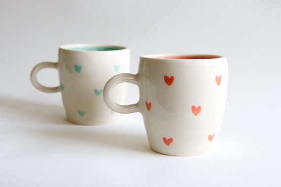 Coral and Mint Ceramic Mugs - SET OF TWO Heart Design  Handmade ceramics by RossLab