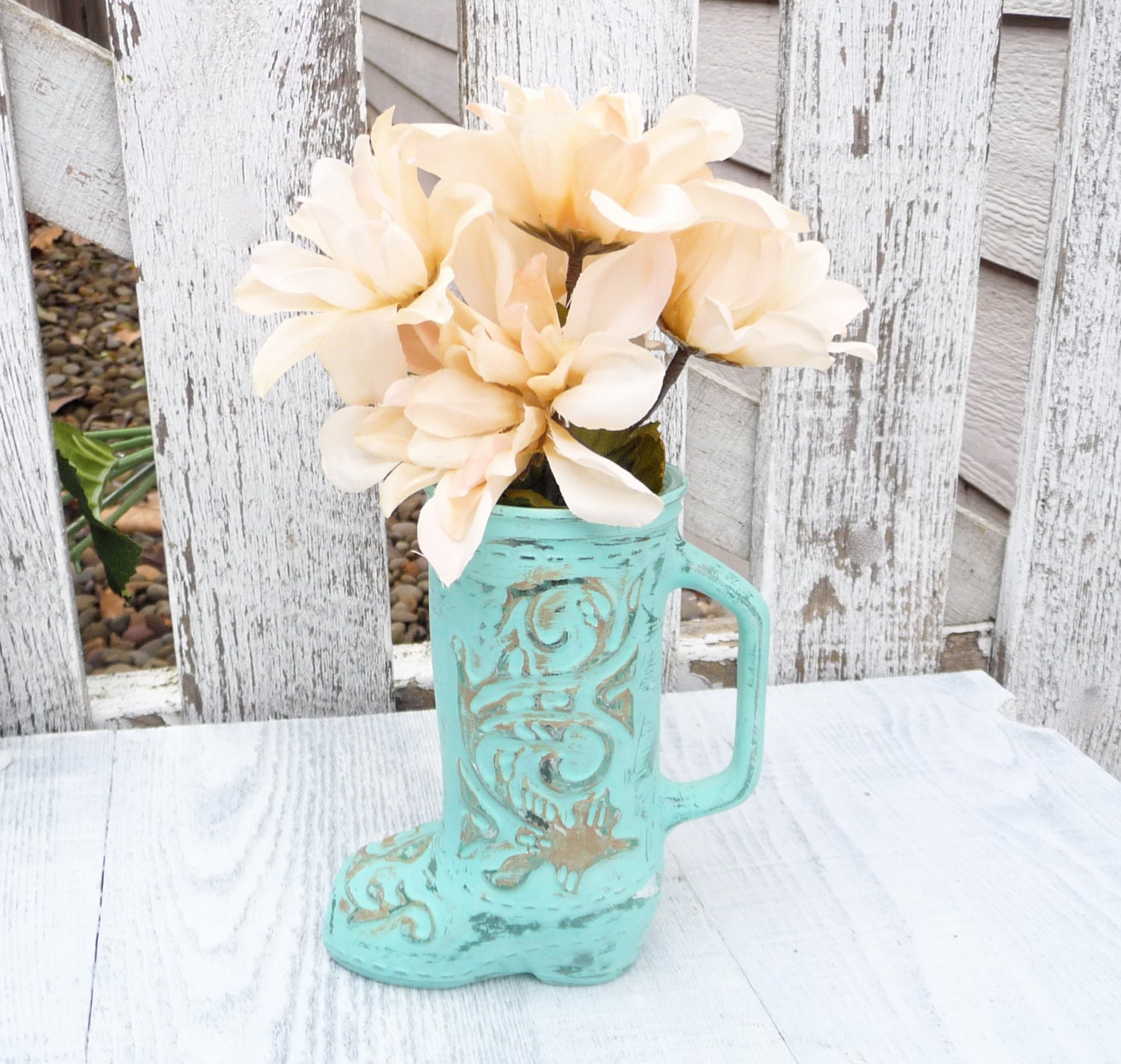 SHABBY CHIC Painted Glass Cowboy Boot Vase