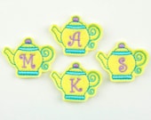 TEAPOT MONOGRAM with Curlz  - Embroidered Felt Embellishments / Appliques - Yellow, Turquoise and Lavender (Qnty of 4) SCF5140