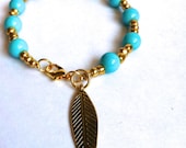 Bright Turquoise & Gold Beaded Bracelet with Gold Leaf Charm - Wire Bracelet with Clasp - Layering Bracelet