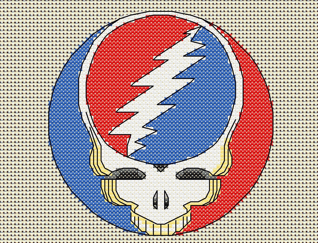 Grateful Dead cross stitch chart, steal your face pattern, 60 x 60 stitches, stealie, skull, lightning bolt, download