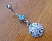 Belly Button Ring - Body Jewelry - Sand dollar with Blue gem Belly Button Ring