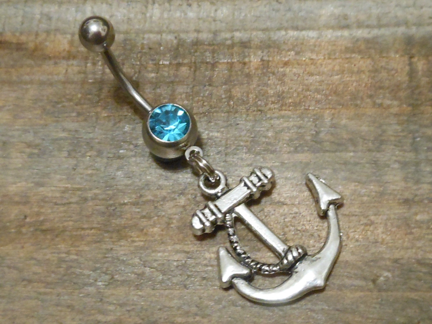 Belly button ring - Anchor with Rope and light blue gem belly button ring