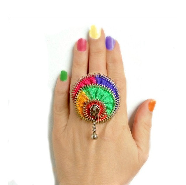 Colorful ring, hand painted, zipper ring, rainbow jewelry, ring silver plated- adjustable, eco friendly, recycled jewelry,