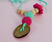 Nursing Necklace/Teething Necklace with coconut button-Mint Fuchsia-Flower